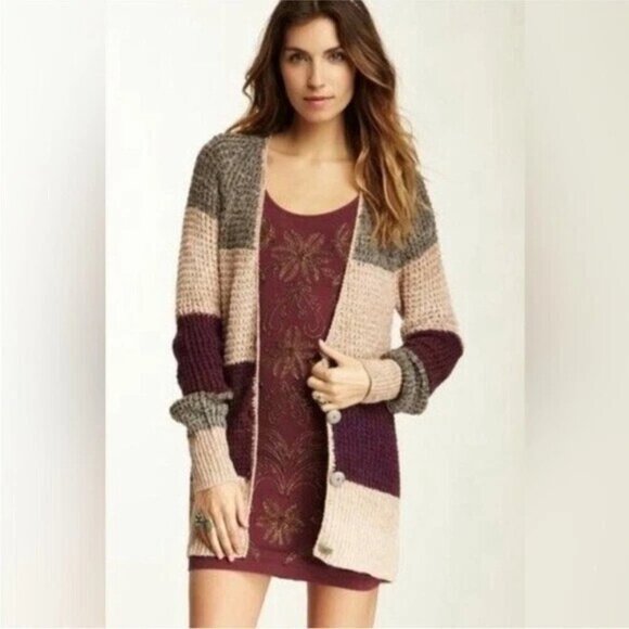 Free People Sweaters - FREE PEOPLE Lake Tahoe Color Block Cardigan Sweater Button Down Size M Boho